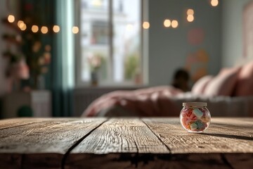 Aufkleber - The foreground features wood with a blurred background of a lovely pink bedroom for product display purposes