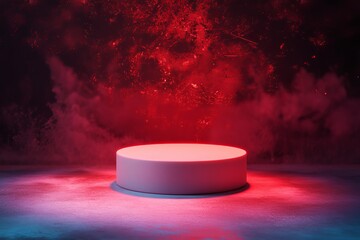 Aufkleber - Red Neon Light Product Display Platform Minimalist Modern Stage White Cylinder Background Studio Mockup Dramatic Scene Empty Showcase Presentation    
