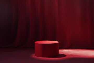 Aufkleber - Red Cylindrical Product Display Platform Minimalist Elegant Studio Backdrop Scene Red Velvet Curtain Background Mockup Advertising Presentation       