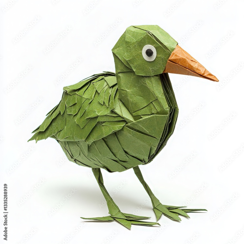 A detailed origami bird stands upright, crafted from various shades of green paper and featuring an orange beak. It showcases intricate folds and textures, embodying artistic creativity.