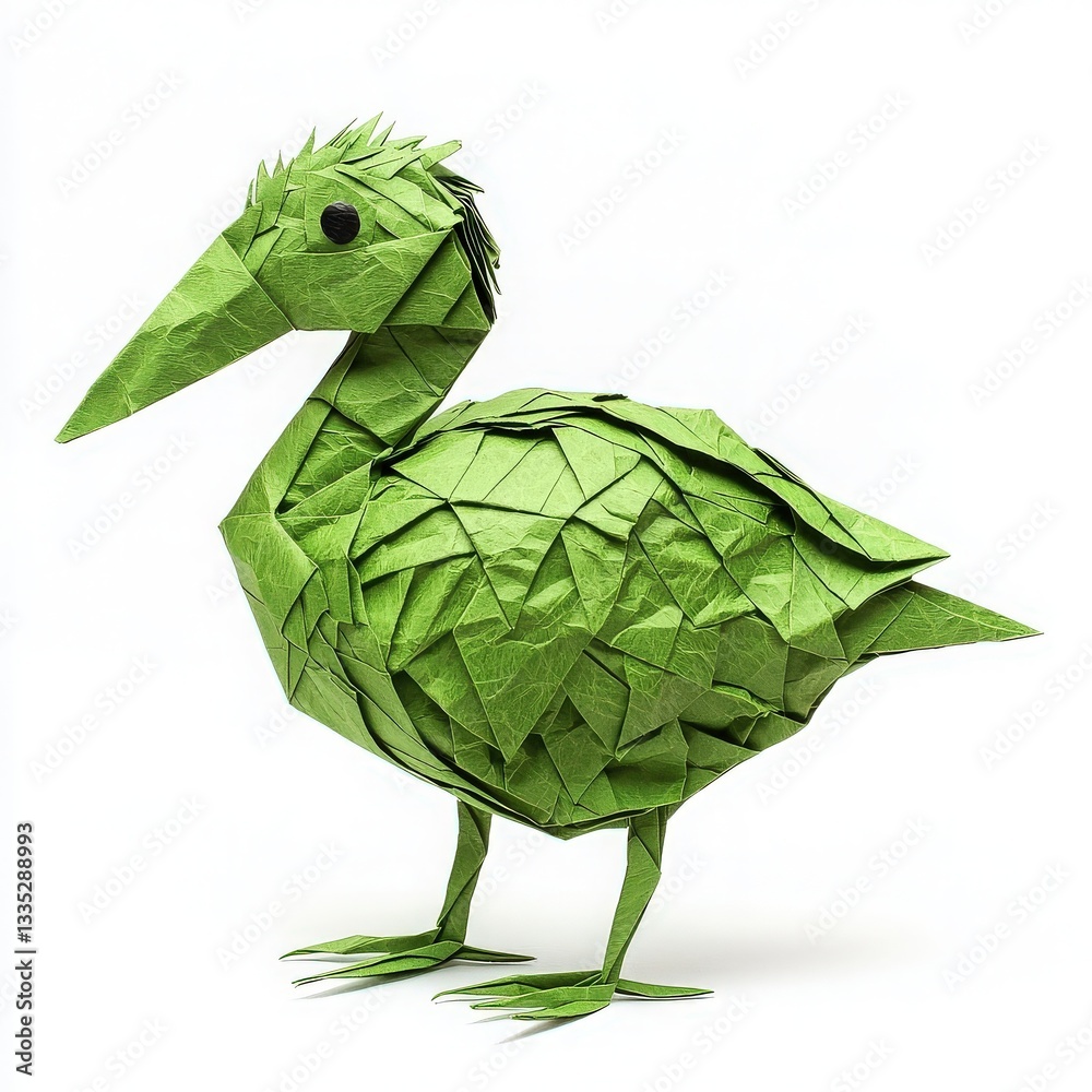 A striking origami bird crafted from vibrant green paper stands upright, resembling a natural element.