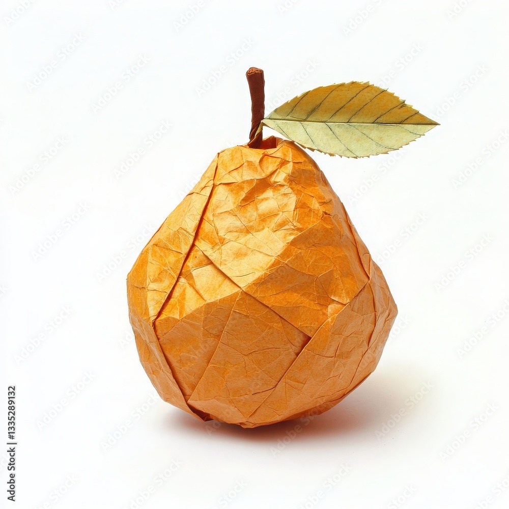 A pear-shaped origami figure crafted from bright orange paper features a delicate green leaf and a brown stem. This artwork highlights precision in paper folding and creativity.