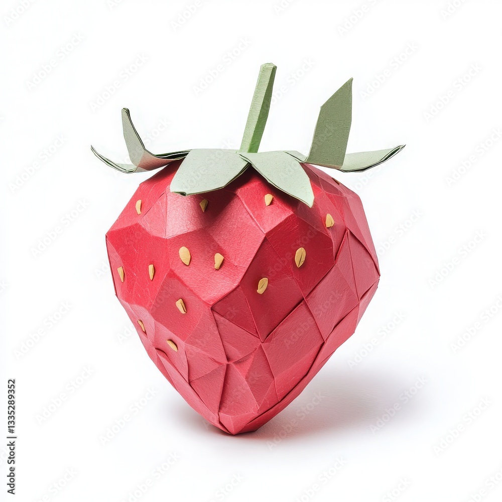A vibrant origami strawberry stands elegantly with red paper facets and subtle green leaves.