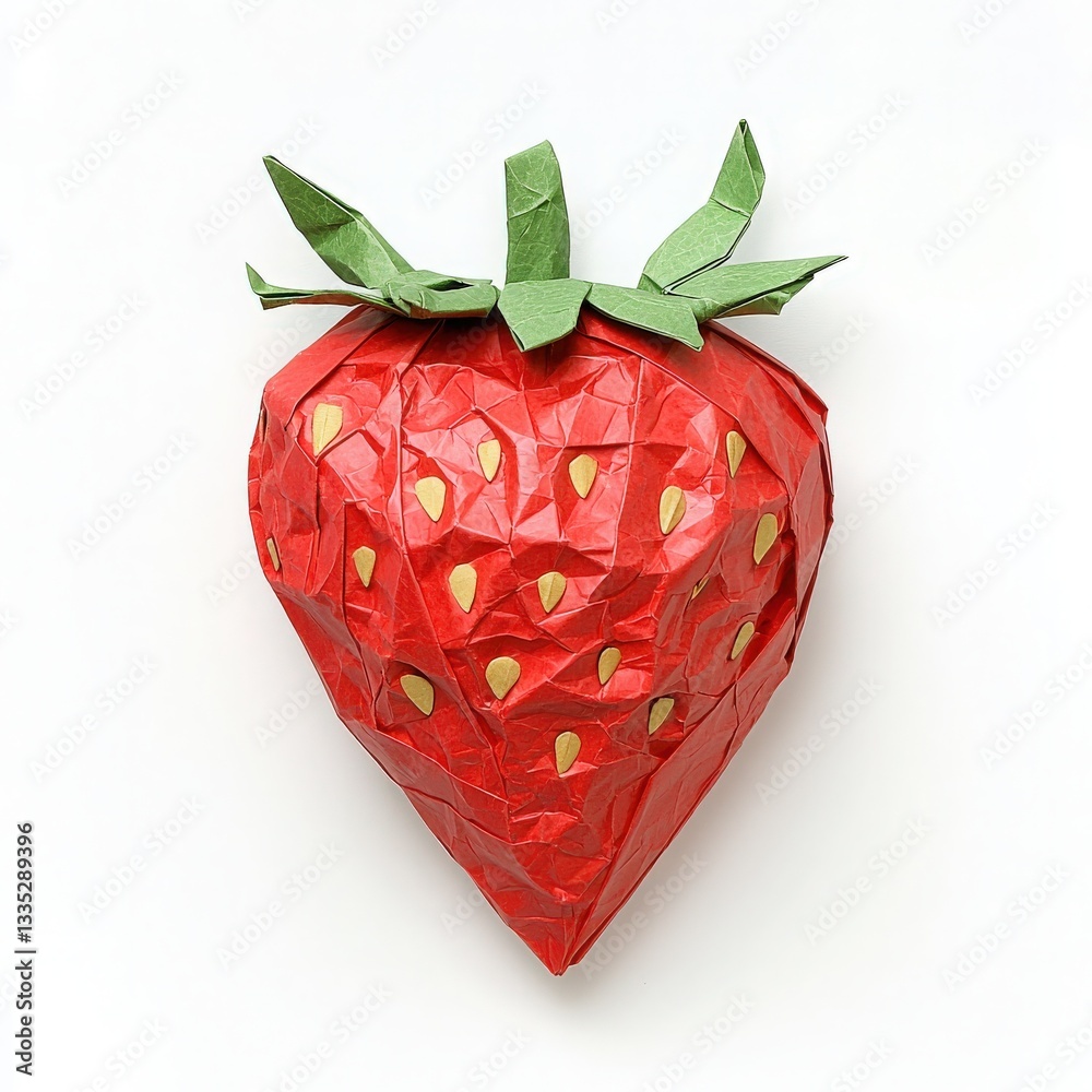 Brightly colored origami strawberry crafted with precision. The red body features tiny yellow seeds, topped with green leaves, showcasing intricate folding techniques and artistic expression.