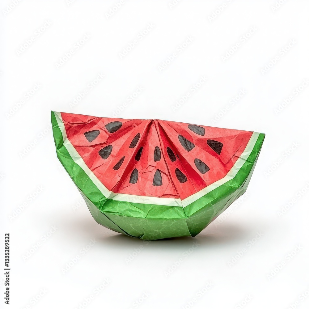 Folded paper art represents a slice of watermelon with rich red and green colors. This unique creation highlights the skill of origami artistry, demonstrating careful attention to detail and form.