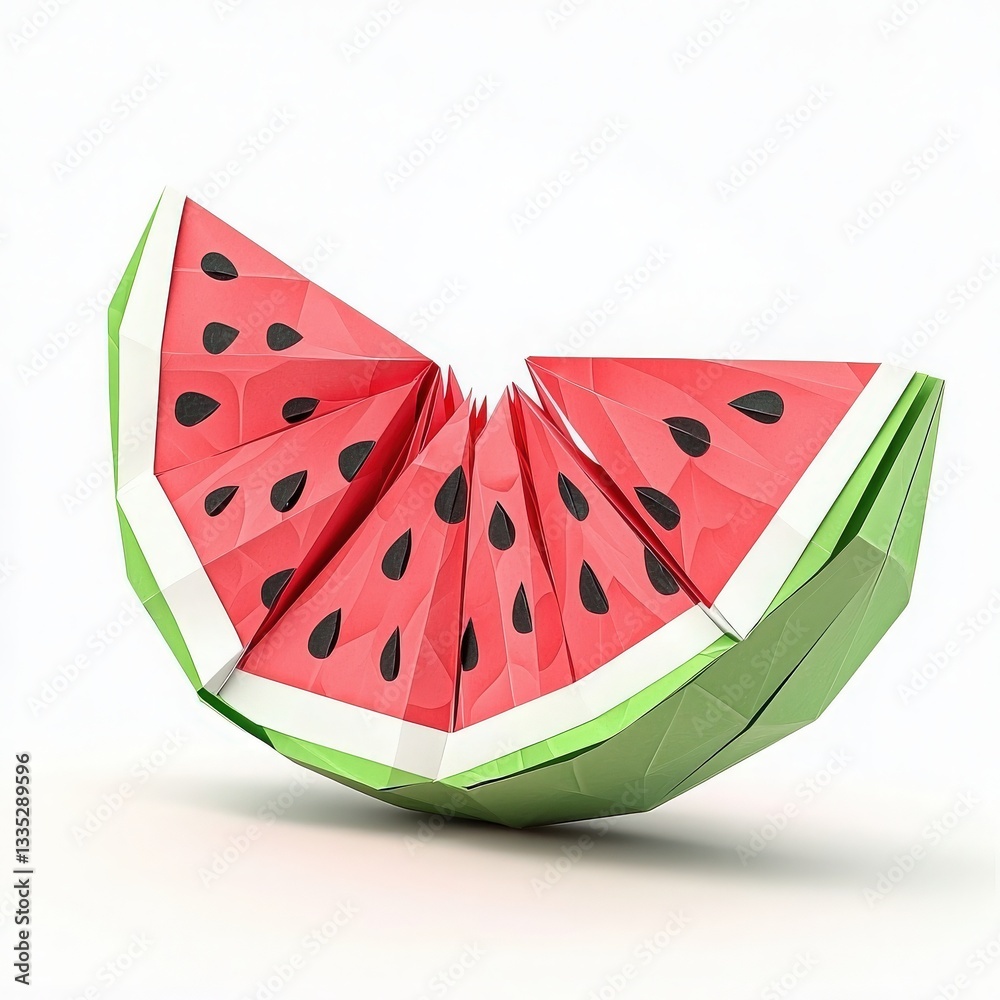 A detailed origami representation of a watermelon slice, featuring bright red and green colors. The piece exhibits sharp folds and realistic detailing, perfect for art lovers.