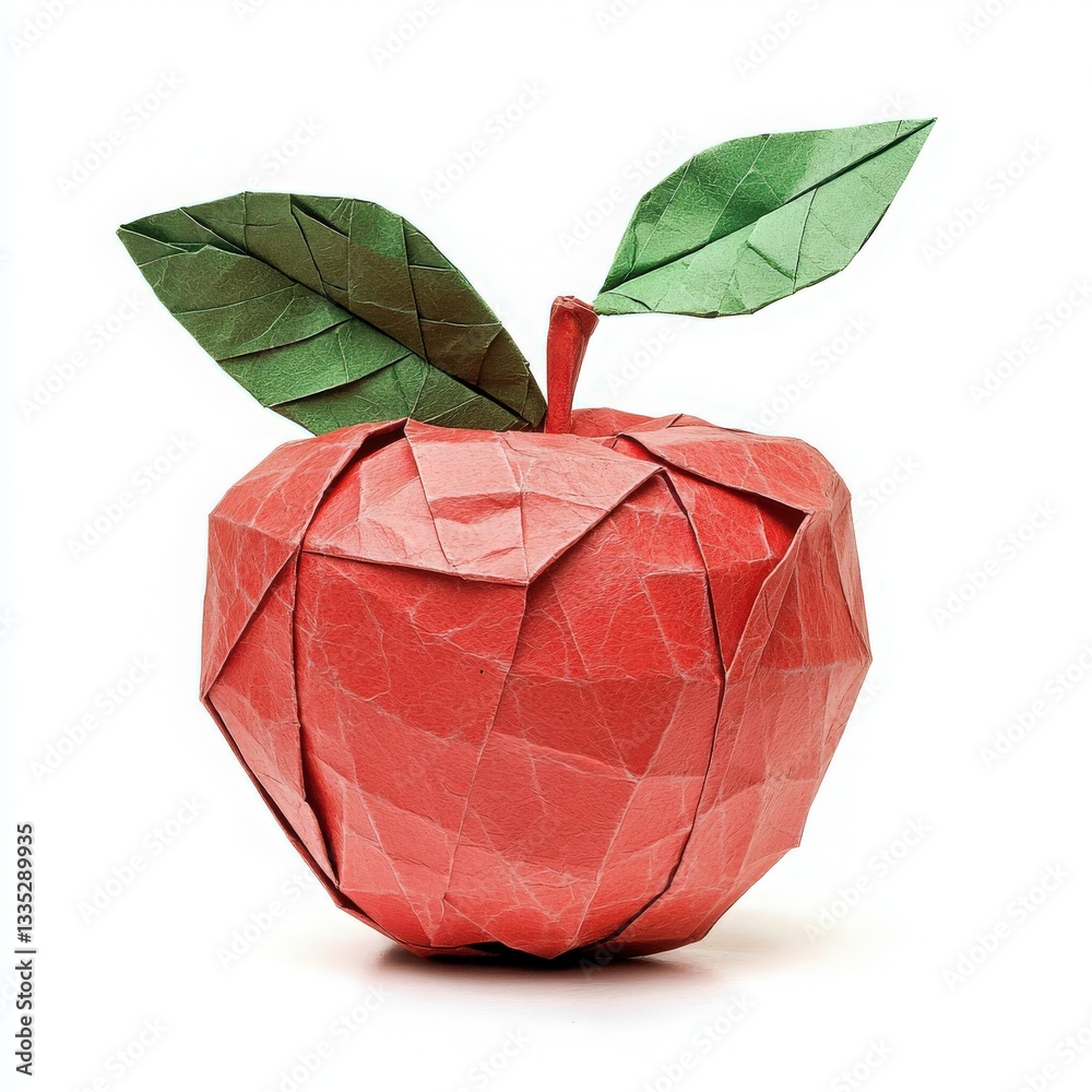 A detailed origami apple is crafted using red paper and adorned with green paper leaves. The composition showcases the craftsmanship and creativity, highlighting the folds and textures.