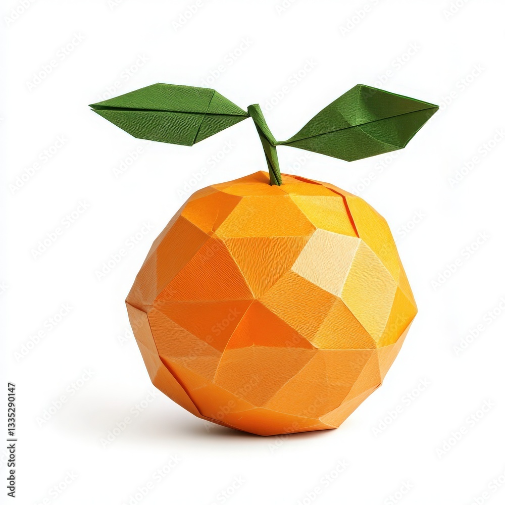 This artwork features a vibrant origami orange crafted from paper, showcasing geometric shapes and bright orange hues. Two green leaves add a finishing touch to this decorative piece.