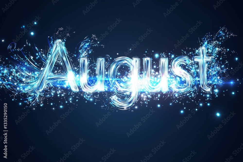 The word August is displayed in glowing blue letters surrounded by shimmering light effects. The design creates an enchanting atmosphere, suggesting celebration or a special event.