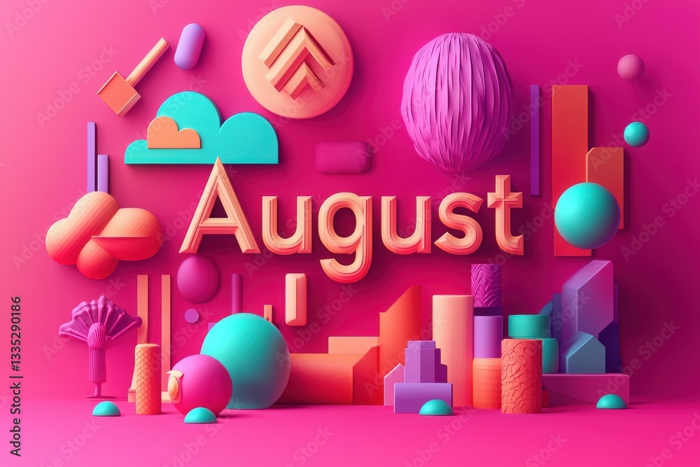Bold 3D letters spell out August against a bright pink backdrop, surrounded by various colorful shapes and elements. The playful design conveys a cheerful atmosphere, perfect for summer.