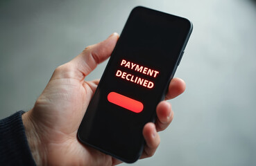 Poster - Close up of hand holding smartphone with payment declined message on screen. Banking app transaction error. Red notification alert on mobile phone device indicates security risk fail. Unsuccessful