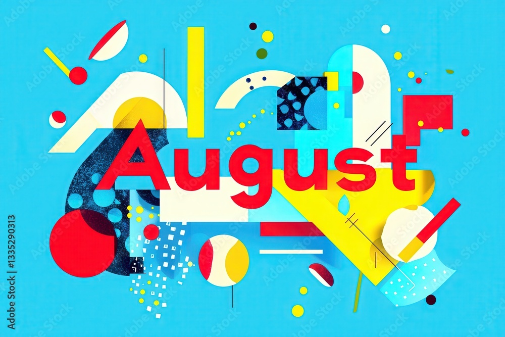 A vibrant composition showcases the word August in bold red letters against a bright blue backdrop. Various geometric shapes and patterns in multiple colors complement the text.