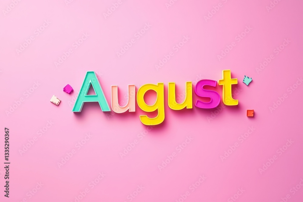 Bright, multi-colored letters form the word August against a soft pink backdrop. The playful design gives a sense of fun and celebration, perfect for summer themes.