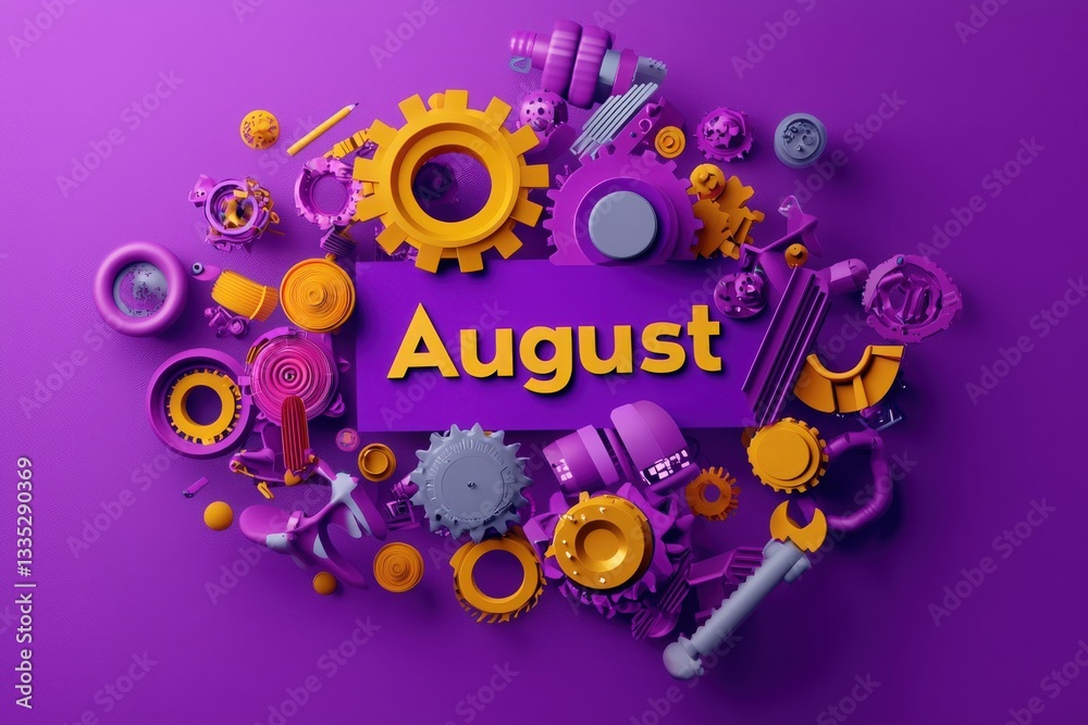 A creative and colorful display of yellow and purple gears, mechanical parts, and objects arranged around the word August. This design combines playful elements with a bold typography emphasis.