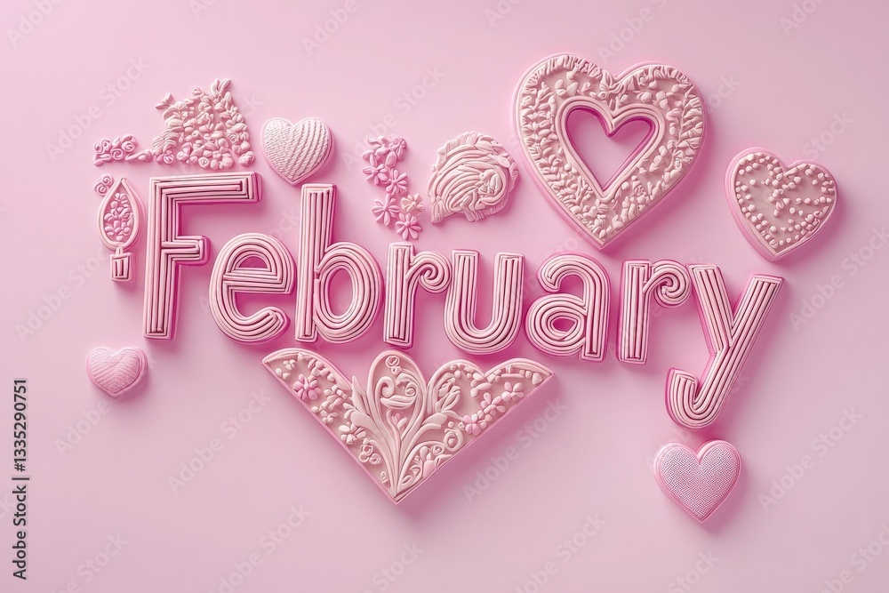 Various decorative elements are arranged artistically in pink, showcasing the word February along with hearts and floral designs, creating a festive and romantic atmosphere.