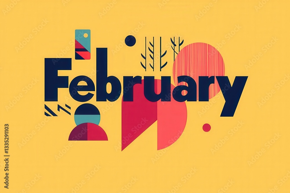 A dynamic and colorful abstract design showcases the word February in bold lettering. The background features various shapes and patterns, creating a lively visual experience.