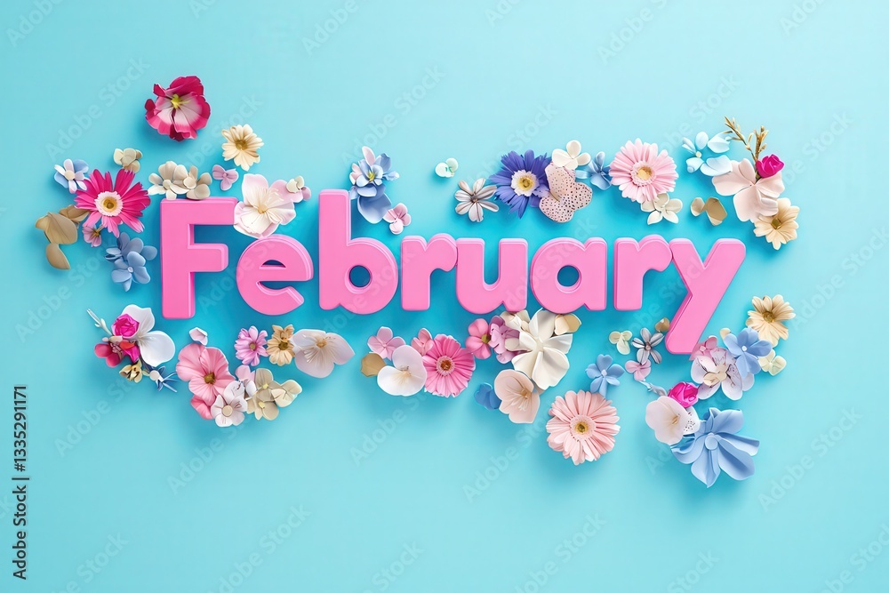 Colorful flowers surround the bold, pink word February against a bright blue background, creating a cheerful and festive atmosphere that symbolizes the arrival of spring.