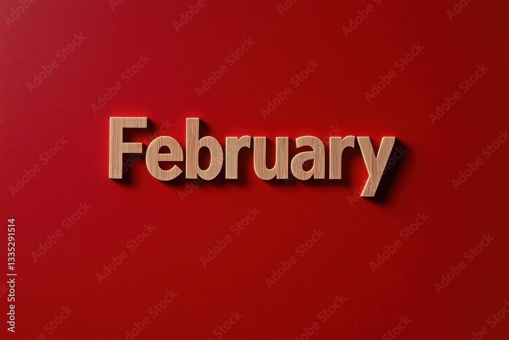Wooden letters arranged to spell February stand out against a deep red backdrop, highlighting the month. The design is striking and simple, perfect for seasonal decor or themed displays.
