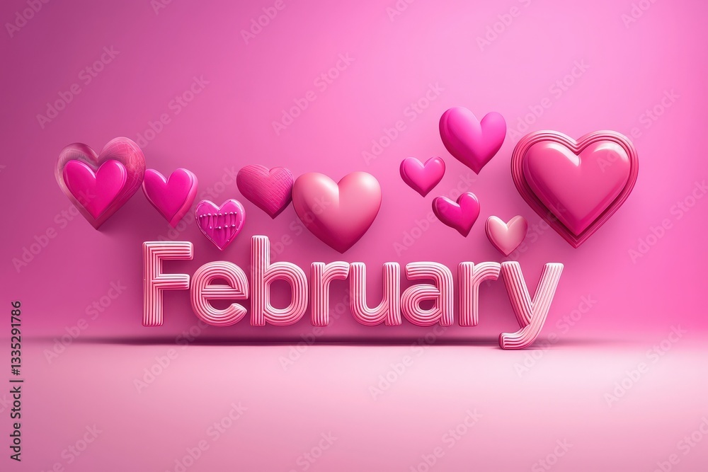 A vibrant display featuring the word February in bold lettering surrounded by various pink hearts. This joyful arrangement creates an affectionate atmosphere, perfect for the month of love.