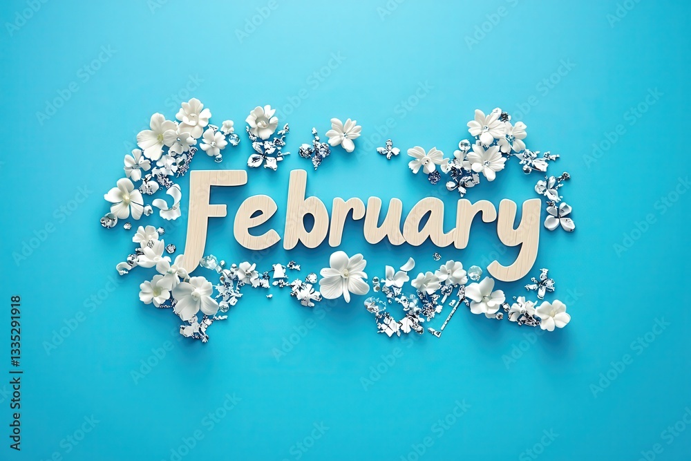 A decorative arrangement features the word February surrounded by white flowers. The bright blue background enhances the visual appeal, emphasizing the months charm.