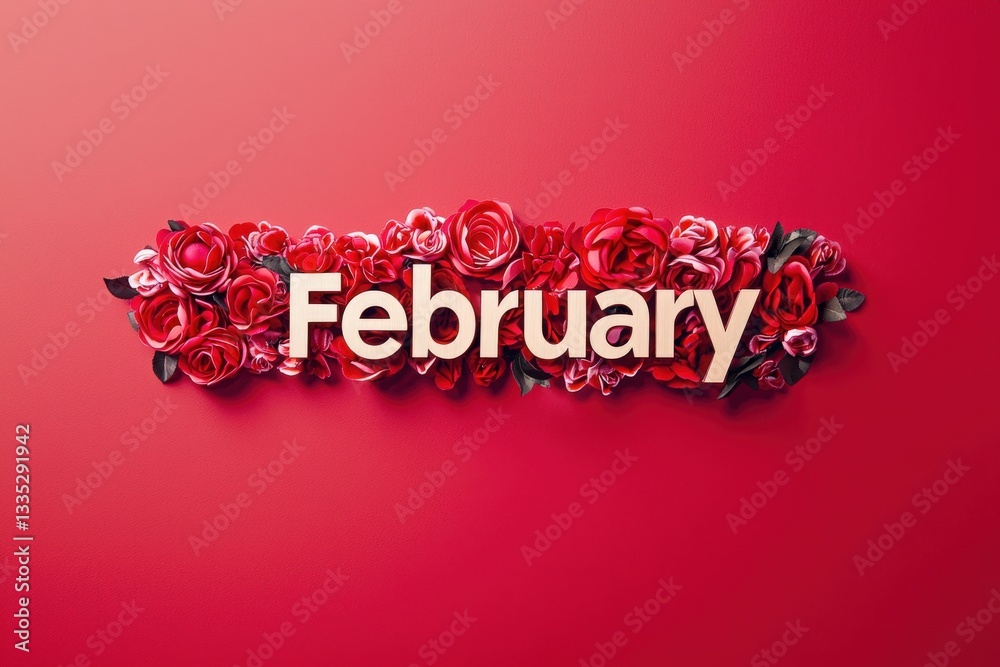 A vibrant red background features the word February adorned with beautiful red roses. This design captures a romantic and festive feel, perfect for the month of love.