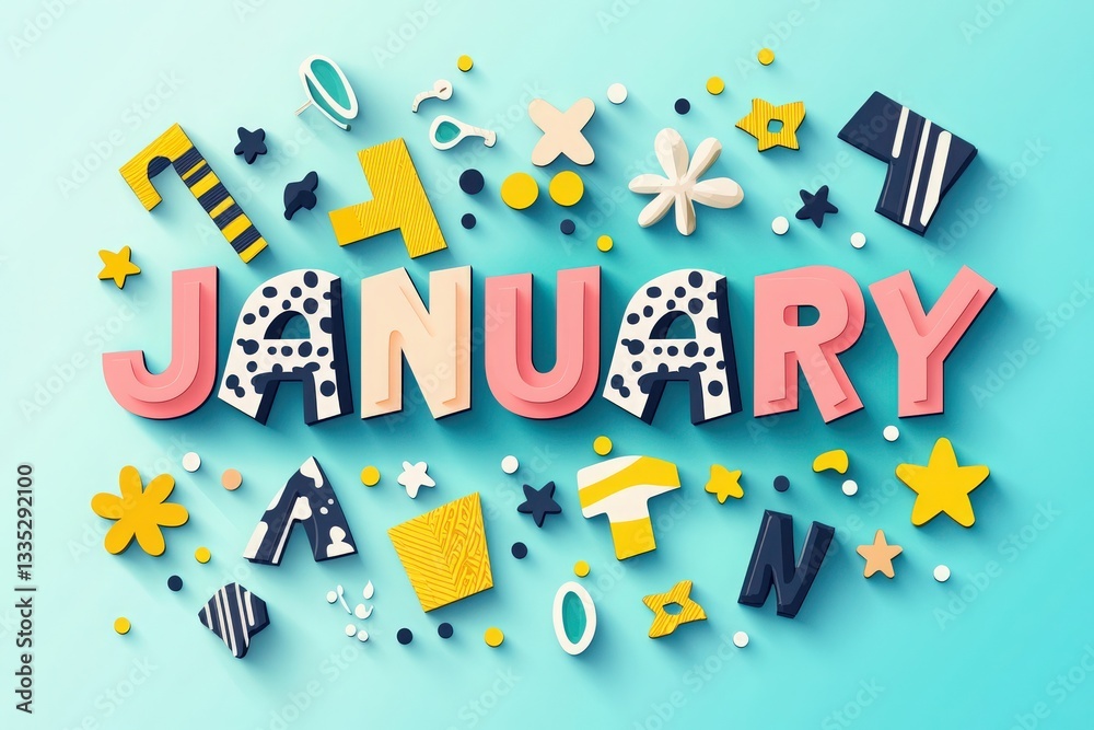 Bright and vibrant lettering spells January against a soft blue background. Various playful shapes, including stars and abstract designs, surround the bold text, creating an eye-catching display.