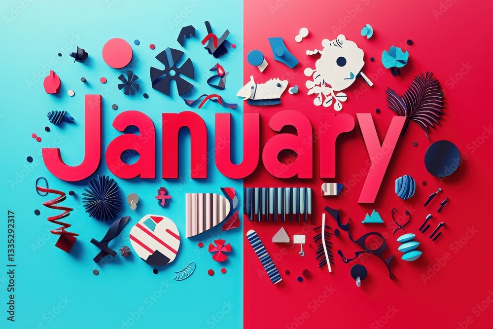The vibrant design features the word January in bold red, surrounded by various playful shapes and patterns in contrasting colors, creating an engaging visual representation of the month.