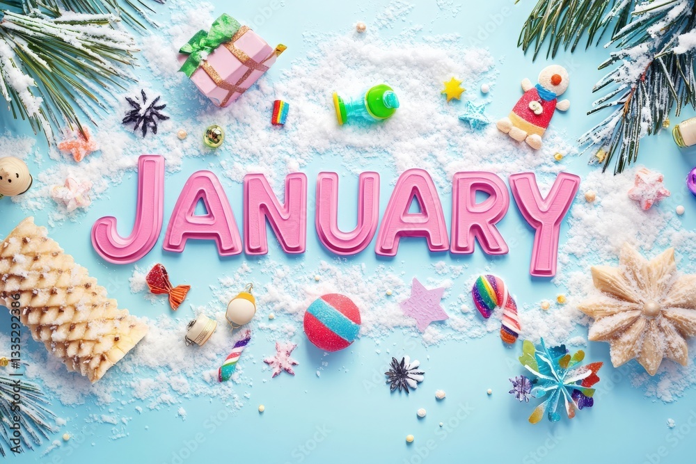 Bright decorations and treats surround the word January in pink on a light blue background. Snowflakes and pine branches add a festive touch to the winter-themed display.