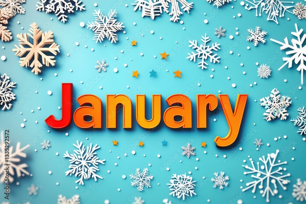 Bright and colorful letters spell out January, surrounded by various white snowflakes on a light blue background, creating a cheerful winter-themed decoration perfect for the season.