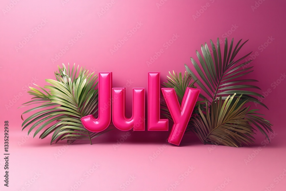 Bright pink background features large, glossy letters spelling July, flanked by lush green palm leaves, creating a lively summer atmosphere perfect for seasonal events or celebrations.