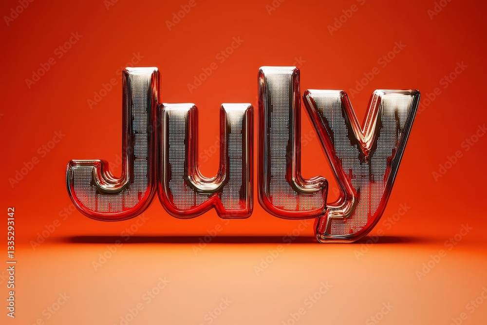 The bold letters spelling July are displayed in a shiny metallic style against a vivid orange background, creating a striking visual for summer celebrations and events.