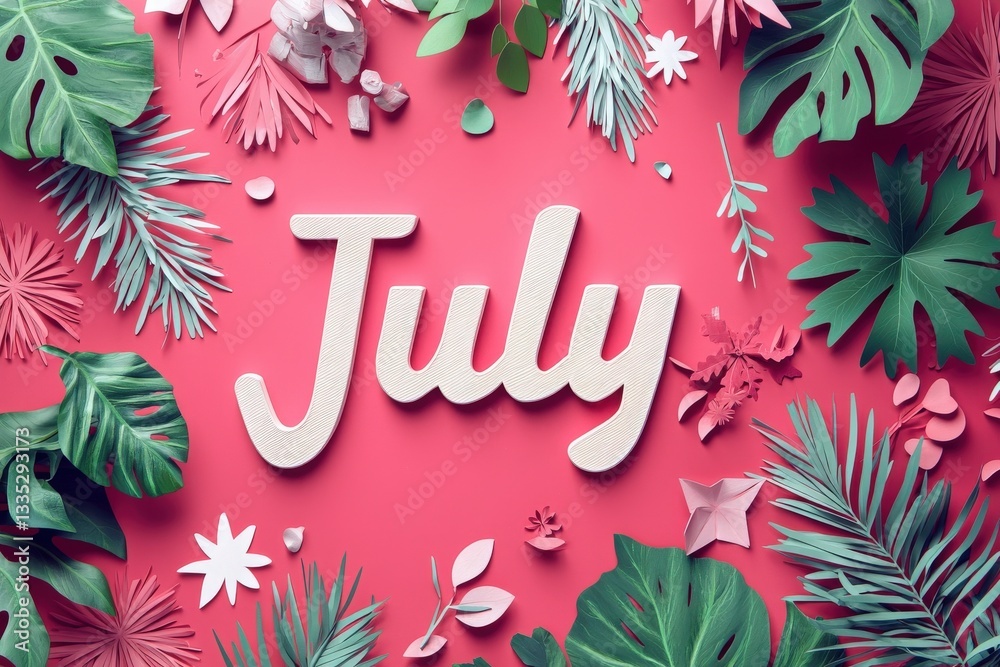 Brightly arranged elements showcase the word July surrounded by various leaves and paper cutouts on a vivid pink surface.
