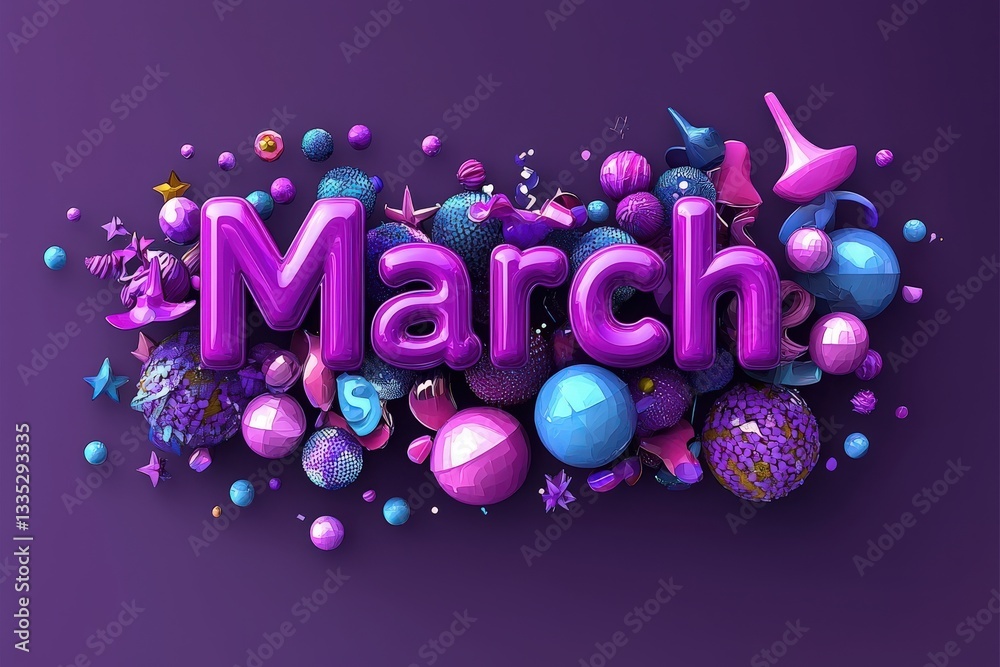 Bright and cheerful design showcasing the word March in bold purple letters surrounded by colorful spheres and playful shapes. The backdrop is a deep purple, adding vibrancy.