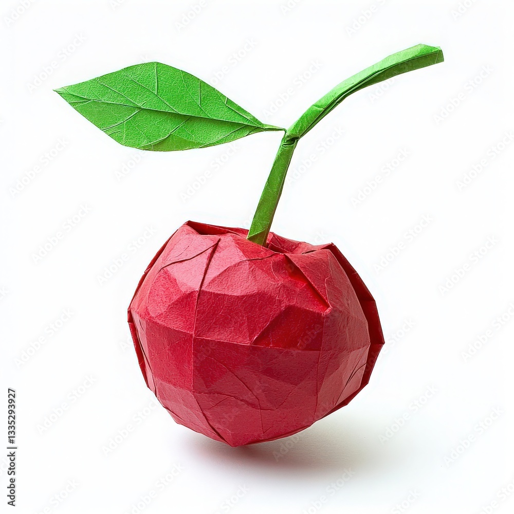 This detailed origami cherry showcases a bright red body with an intricately folded green leaf and stem. The craftsmanship highlights sharp folds and textures, creating a lifelike appearance.