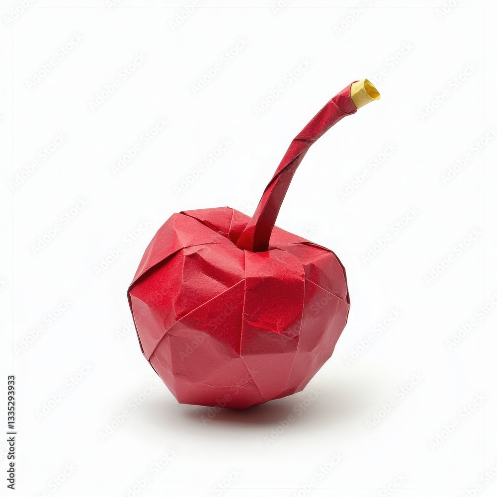 This artwork features a detailed origami cherry crafted from red paper. The unique folds and geometric shapes highlight the skill involved in this traditional art.