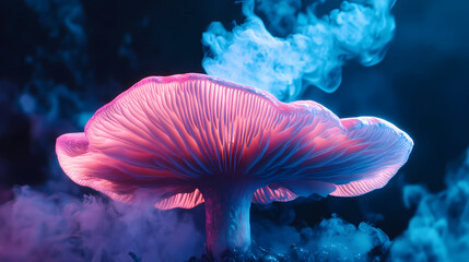Wall Mural - Close up of a vibrant pink mushroom emitting light blue vapor against a dark background. detailed texture and surreal lighting. Dreamlike Mycelium. Illustration