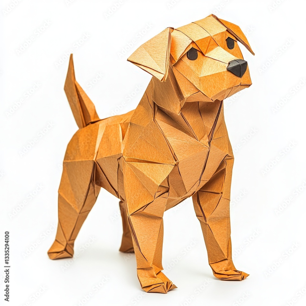 A detailed origami dog stands on a white background, showcasing intricate folds and a warm brown color. The geometric design highlights the craftsmanship involved in creating this paper art piece.