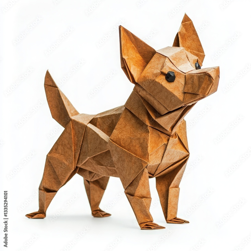 A detailed origami sculpture of a chihuahua stands upright, showcasing intricate folding techniques. The brown paper design highlights the dogs ears, eyes, and tail, emphasizing its playful nature.