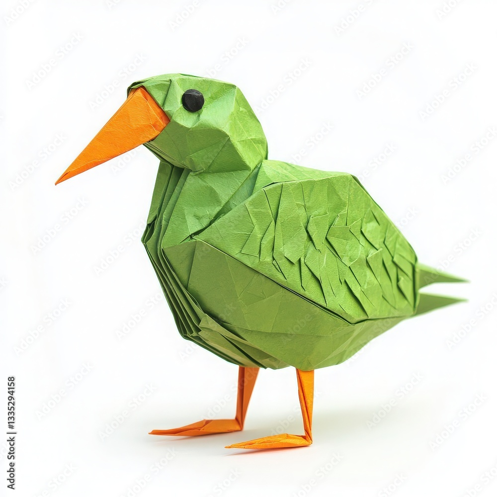 A detailed origami bird stands upright, showcasing intricate folds and vibrant colors. The green body features orange beak and legs, creating an eye-catching contrast and artistic design.
