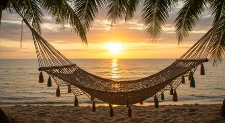 Poster - A serene sunset illuminates a hammock strung between palm trees on a tranquil beach