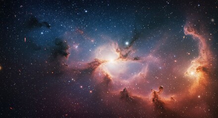 Poster - A vibrant, swirling nebula with glowing gases and stardust forms a heart-like shape against a backdrop of countless stars