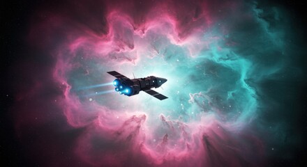 Poster - A spacecraft with glowing blue engines flies away from the viewer against a backdrop of a vibrant, swirling nebula with pink and teal hues