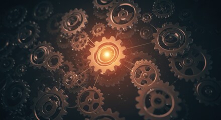 Poster - Close-up, low-angle view of interconnected gears against a dark background, with a central gear illuminated by a warm, glowing light