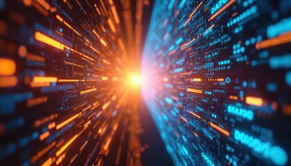 Fototapete - Abstract image with fiber-optic, wireless tech shows data transfer. Digital binary stream moves fast between orange, blue walls. Innovative connection, cyberspace communication, datacenter data