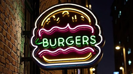Aufkleber - Neon burger sign glowing at night on brick wall. Urban fast food concept