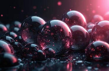 Poster - Abstract background of black shiny soap bubbles with pink sparkles. Decorative realistic horizontal interior AI generated poster with glossy sphere surface and reflections.