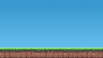Aufkleber - game level side scrolling scene. 8-bit pixel art background. video game template. blue sky and a flat ground. empty field. side view.
