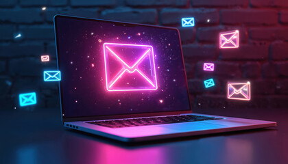 Poster - 3D render laptop with neon glowing envelopes for email marketing concept. Digital communication on computer with electronic message icons for business advertising, online campaign, strategy