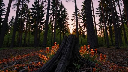 Poster - Forest at sunset with tree stump and glowing wildflowers, serene natural beauty