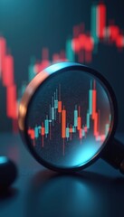 Aufkleber - Magnifying glass focused on stock chart graph. Red, green candlesticks pointing upward, reflecting market growth, financial analysis. Investment research, economy trends, financial performance,